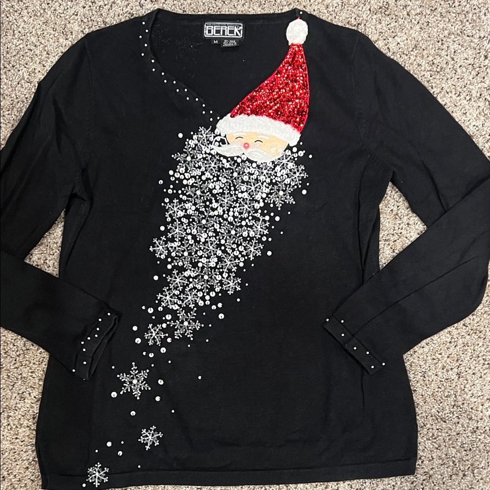 Berek Christmas Sweater Black with Sequin Santa size medium